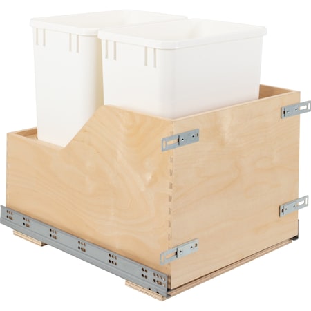 Hardware Resources Dbl 35 Quart Wood Bottom-Mount Soft-Close Trashcan Rollout For Door Mounting, Includes 2 White Cans CDM-WBMD3518WH